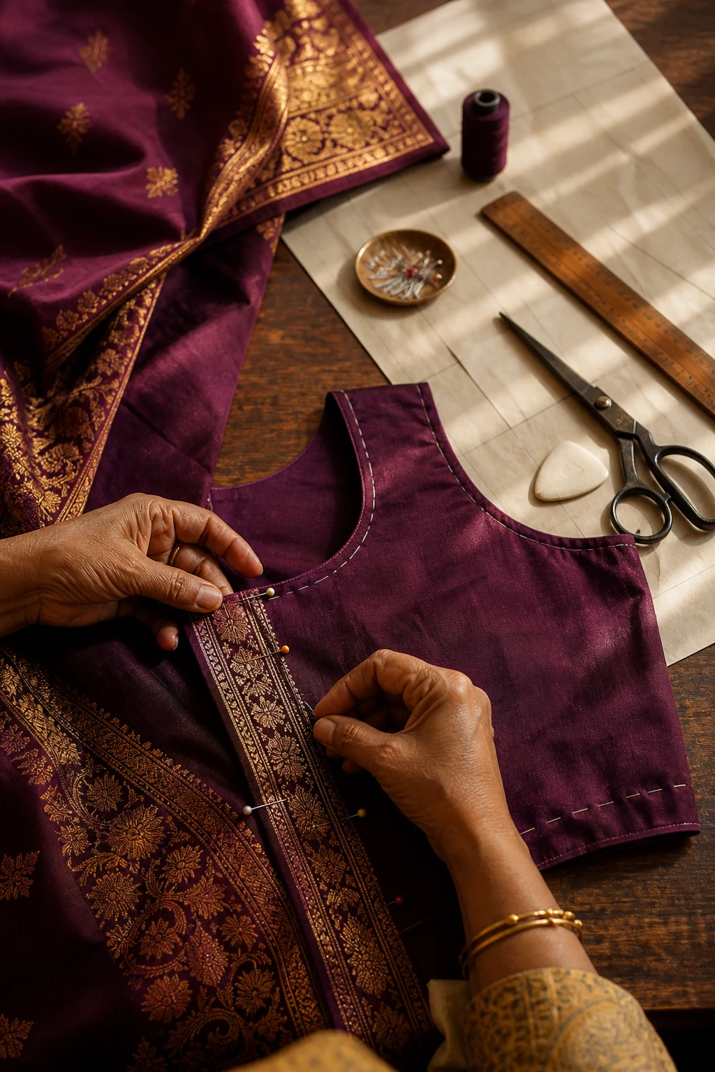 Master tailor working on couture fabric in the atelier